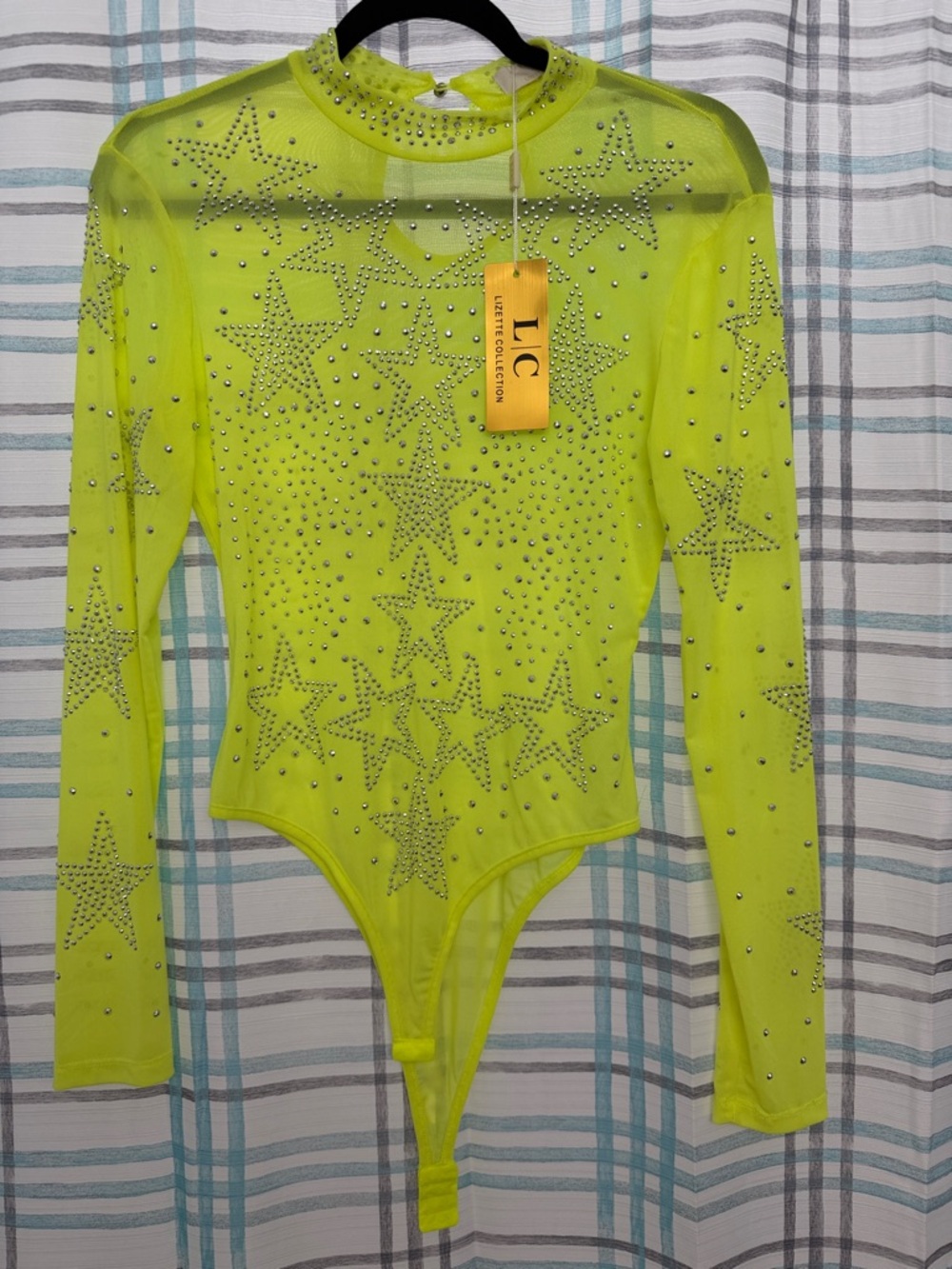Neon Yellow Star Studded Mesh Bodysuit